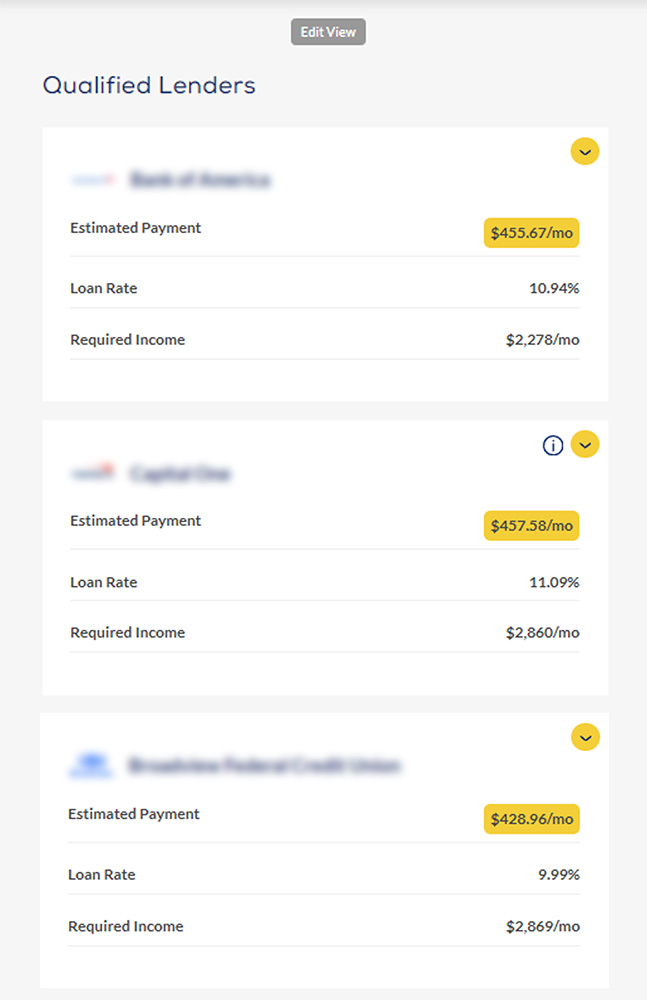 Lender Selector software screen showing payment estimates